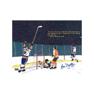 Bobby Nystrom New York Islanders Autographed 11X14 1980 Stanley Cup Winning Goal Cartoon Photograph (CX Auth) Cheap Official