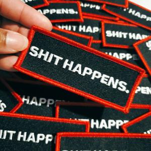New Arrival, Red & Black "Shit Happens" Statement Patch, Size 4"x1.75", Cool Applique For Clothing, Embroidered Patch Badge, Iron-On Patch Outlet Brand New Unisex