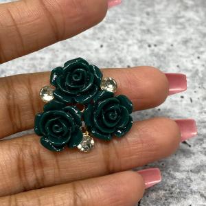 Forest GREEN Resin Triple "Open Rose Bud" w/Bling, Flatback Charm, 1-pc Charm for CR O CS, Phone Cases, Sunglasses, Decor, & More! Size 2" Buy Cheap 2025