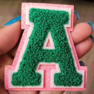 1-pc Green Letter "A" Chenille & Pink Glitter, w/ White Felt, Size 2.75" Varsity Letter Patch with Iron-on Backing, Small Chenille Letters Discount Order