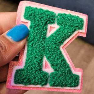 1-pc Green Letter "K" Chenille & Pink Glitter, w/ White Felt, Size 2.75" Varsity Letter Patch with Iron-on Backing, Small Chenille Letters Deals Cheap Pice