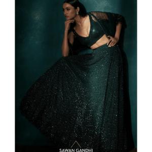Bottle Green Cutdana Sequins Lehenga Set Cheap Sale Popular