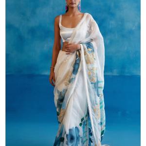 Ivory And Blue Silk Organza Hand-Painted Embroidered Sari Quality Free Shipping Outlet