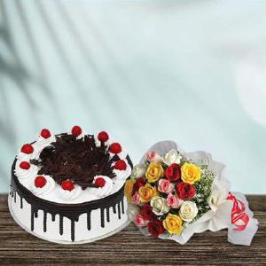 Black Forest Cake 2 lbs With Mix Roses Bouquet Cheap Sale Now