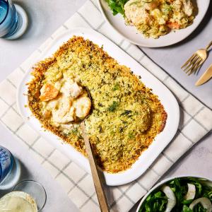 Prawn, leek and barramundi gratin Cheap High Quality