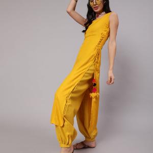 Women's Mustard Solid A-Line Kurta With Tassal Details  - Aks Low Pice For Sale