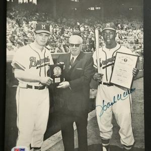 Hank Aaron signed 8x10 Eddie Mathews award photo Autograph HOF PSA COA Quality Free Shipping For Sale