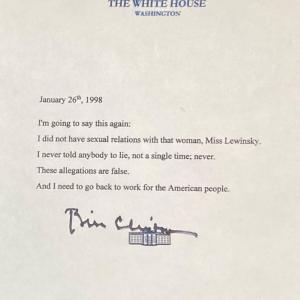 Bill Clinton Signed on Bottom Mock White House Logo Statement Lewinsky JSA Cheap Wiki