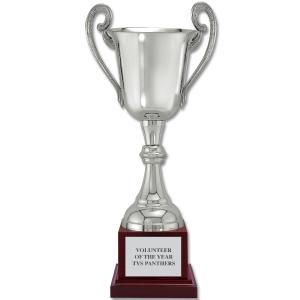 12-1/2" Loving Cup Award Trophy With Cherry Tone Wood Base Classic For Sale