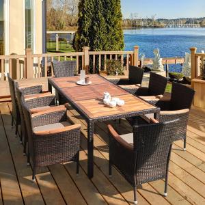 9PCS Patio Rattan Dining Set 8 Chairs Cushioned Acacia Table Top - 4 BOXES, final cut Outlet Finishline