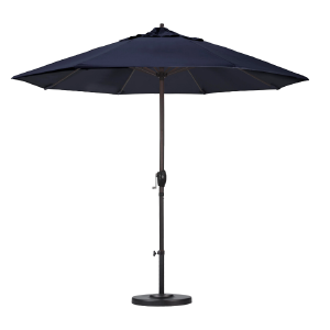 9 ft. Bronze Aluminum Pole Market Aluminum Ribs Auto Tilt Crank Lift Patio Umbrella in Navy Sunbrella Popular Online