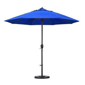 9 ft. Bronze Aluminum Pole Market Aluminum Ribs Auto Tilt Crank Lift Patio Umbrella in Pacific Blue Sunbrella Online For Sale