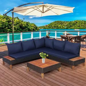 4PCS Patio Rattan Furniture Set Cushioned Loveseat w/Wooden Side Table - 3 BOXES Cheap New Styles
