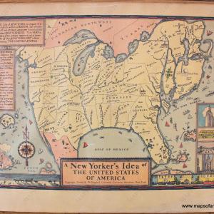 1939 - A New Yorker's Idea of the United States of America - Antique Map Buy Cheap Huge Surprise