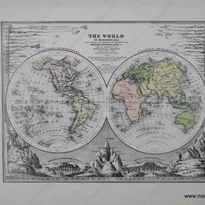 1881 - The World in Hemispheres. With Views of The Comparative Heights of The Principal Mountains, Towns, &c. and The Lengths of The Principal Rivers Over The Globe. - Antique Map Clearance Order