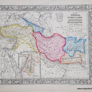 1863 - Map of Persia, Turkey in Asia, Afghanistan, and Beloochistan (Iran), with inset of Palestine or the Holy Land. - Antique Map For Cheap