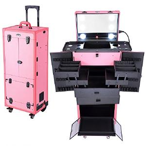 Aw Pink Rolling Makeup Case Pro Hair Stylist Barber Artists Case Multifunction Lighted Lockable Clearance 2025 Unisex