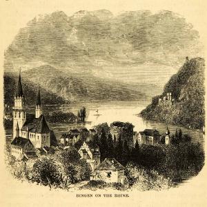 1872 Wood Engraving Bingen Rhine Klopp Castle St Martins Basilica Rhineland XGK6 Sale Explore