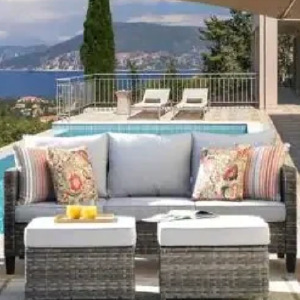 Megon Holly Gray 3-Piece Wicker Outdoor Patio Conversation Seating Sofa Set with Gray Cushions Buy Cheap Footlocker Finishline