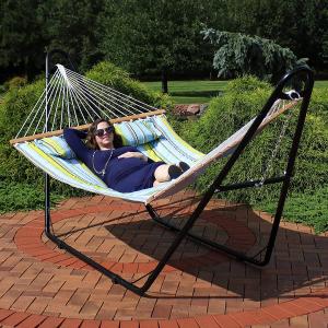 Sunnydaze Double Quilted Fabric Hammock with Multi-Use Universal Steel Stand, Blue and Green Striped, 2-Person, 450 Pound Capacity TTR429 Best Sale For Sale