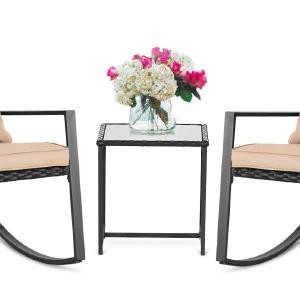 SUNCROWN Outdoor 3-Piece Rocking Bistro Set: Black Wicker Furniture-Two Chairs with Glass Coffee Table (Brown Cushion) Buy Cheap Sast