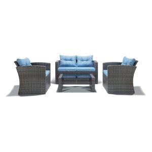 Thy-Hom BAS2236GYLB Roatan Outdoor Wicker Conversation Set, Grey & Light Blue - 4 Piece RM305 Outlet Locations Sale Online