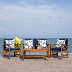 SAFAVIEH Outdoor Fontana 4-piece Acacia Wood Patio Conversation Set - Natural/ Navy with Mosaic Pillows Clearance Free Shipping