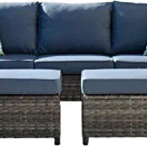 Patio Furniture, Outdoor Garden Sofa sectional, Wicker Patio Furniture with Wather Resistant Cushion and 2 Pillows (Denim Blue/Grey), (Set of 3) Discount How Much