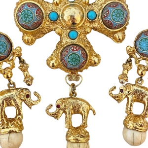 Incredible Byzantine Maltese Cross with Carved Faux Turquoise Cabochons and Lucky Elephant Motif Charms Vintage Jewelry Set Sale Cheapest