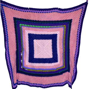 Acrylic Crochet Afghan In Pink Blue and Black Concentric Squares Newest For Sale
