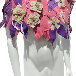 Vintage Handmade Unisex Leather Cape Shoulder Wrap Pink Leather with Floral Applique Rhinestones and Braided Ribbon Art To Wear Folk Art Best Wholesale For Sale