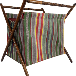 Vintage Knitting Basket Sewing Crocheting Bag Rack Magazine Striped Maroon Burgundy Folding Mid-Century 70s Hot Sale
