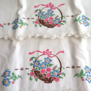 Vintage Hand Embroidered Crocheted Pillowcases Basket Floral Standard Deadstock Explore Cheap Pice