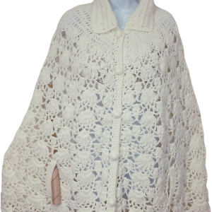 70s/80s Lacey Scalloped Romantic Knit Poncho Cape Buttons By Hand Crochet In Indonesia Cheap Store