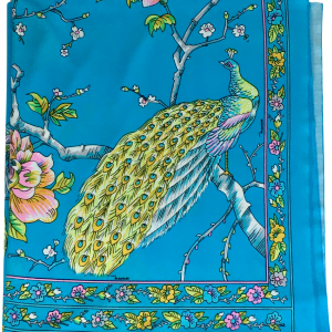 70s Rare Signature Designer Poly Knit Fabric Peacocks By Maurice From China For Sale