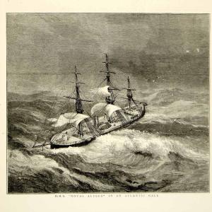 1874 Wood Engraving Art HMS Royal Alfred Sailing Ship Atlantic Ocean Gale YTG7 Outlet Visit
