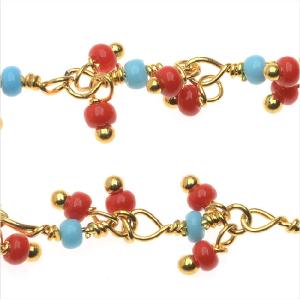 Wire Wrapped Beaded Chain, Turquoise & Coral Red Seed Beads, Gold Vermeil (1 inch) Clearance New Arrival