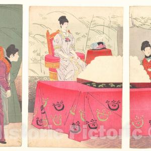 Art Print : Illustration of The Empress Visiting The General Staff Headquarters to Present a Tray of Bandages - Artist: Kobayashi Kiyochika - 1895 : Vintage Wall Art For Sale Cheap Pice