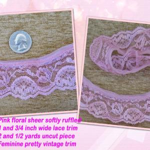 2. 5 Yards Sheer Softly Ruffled Lace Trim Pink Floral 1 and 3/4 Inch Wide Lace Trim Uncut Piece Feminine Trim for Dresses Pillows Vtg Official Site Sale Online