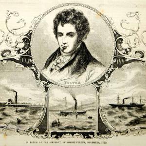 1854 Wood Engraving Robert Fulton Portrait Inventor Steamboat Clermont Antique View