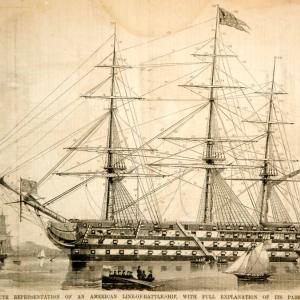 1854 Wood Engraving American Battleship Sailing Ship Sails Masts Model Historic Pick A Best