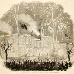 1852 Wood Engraving NYC Hall Manhattan Fireworks George Washington Birthday YGP1 Discount Professional