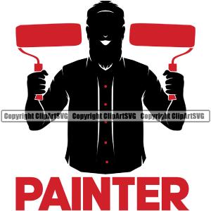 Painter Red Color Quote Painting Silhouette Man Holding Double Roller Brush Design Element Renovation Paint House Home Improvement Wall Room Repair Service Work Worker Painter DIY Art Logo Clipart SVG Outlet Popular