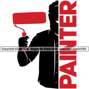 Painter Red Color Quote Painting Silhouette Character Holding Roller Brush Vector Design Element White Background Renovation Paint House Home Improvement Wall Room Painter Repair Renovating Service Wo Online Cheap Pice