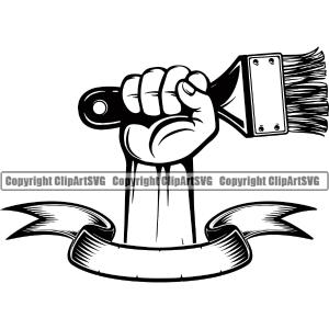 Black And White Hand Holding Painting Brush Vector Design Element With Ribbon Renovation Paint House Home Improvement Wall Room Painter Repair Renovating Service Work Worker Painter DIY Art Logo Clipa Clearance 100% Guaranteed