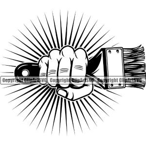 Black And White Fist Power Holding Paint Brush BW Painting Renovation Paint House Sunrise Design Element Home Improvement Wall Room Painter Repair Renovating Service Work Worker Painter DIY Art Logo C For Nice Online
