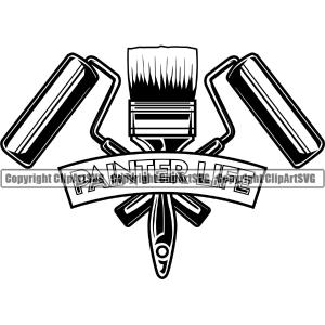 Black And White Painting Equipment With Ribbon Design Element Renovation Paint House Home Improvement Wall Room Painter Repair Renovating Service Work Worker Painter DIY Art Logo Clipart SVG Latest Collections Sale Online