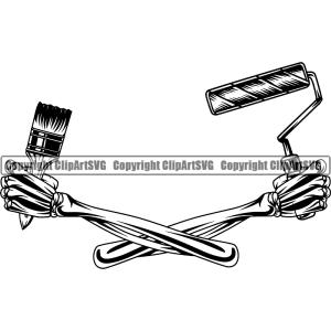 Black And White Paint Brush Skull Skeleton Holding Painting Brush And Roller Crossed Design Element Renovation Paint House Home Improvement Wall Room Painter Repair Renovating Service Work Worker Pain Cheap Sale Buy