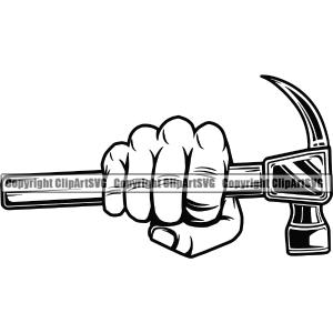 Black And White Hand Holding Hammer BW Punch Design Element Construction Handyman Worker Work Service Repair Home House Job Renovation Contractor Repairman Tech Company Art Logo Clipart SVG Wiki Cheap Online