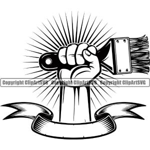 Black And White Hand Holding Painting Brush Vector Hand Power Sunrise Design Element With Ribbon Renovation Paint House Home Improvement Wall Room Painter Repair Renovating Service Work Worker Painter Amazon Cheap Pice